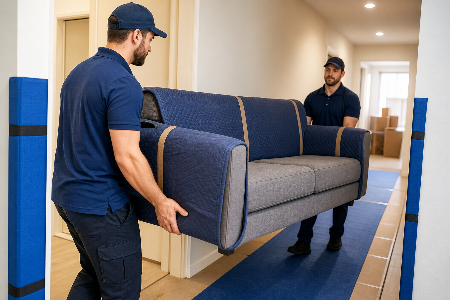 Two movers carrying a large wrapped sofa through a hallway with floor protection
