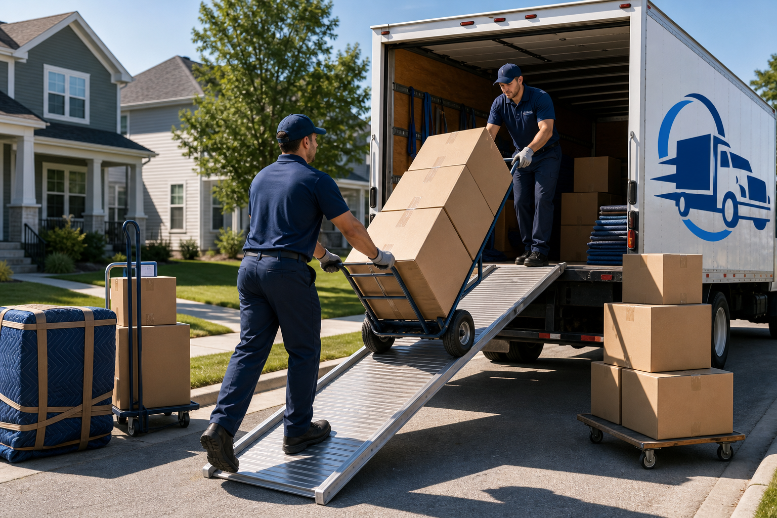 Team using a loading ramp and dollies to move stacked boxes into a truck