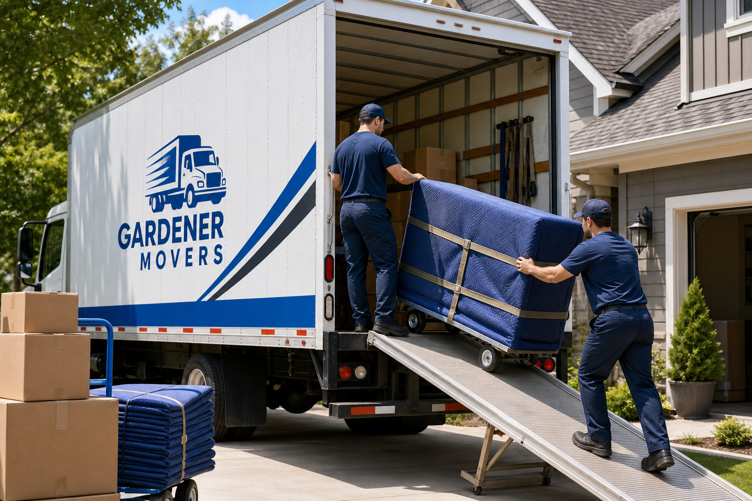 Crew loading a moving truck with secured furniture and stacked boxes