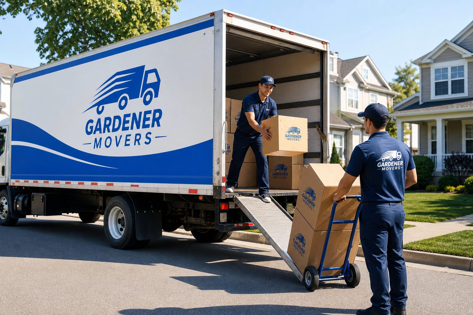 Crew loading a moving truck outside a neighborhood home for a local move