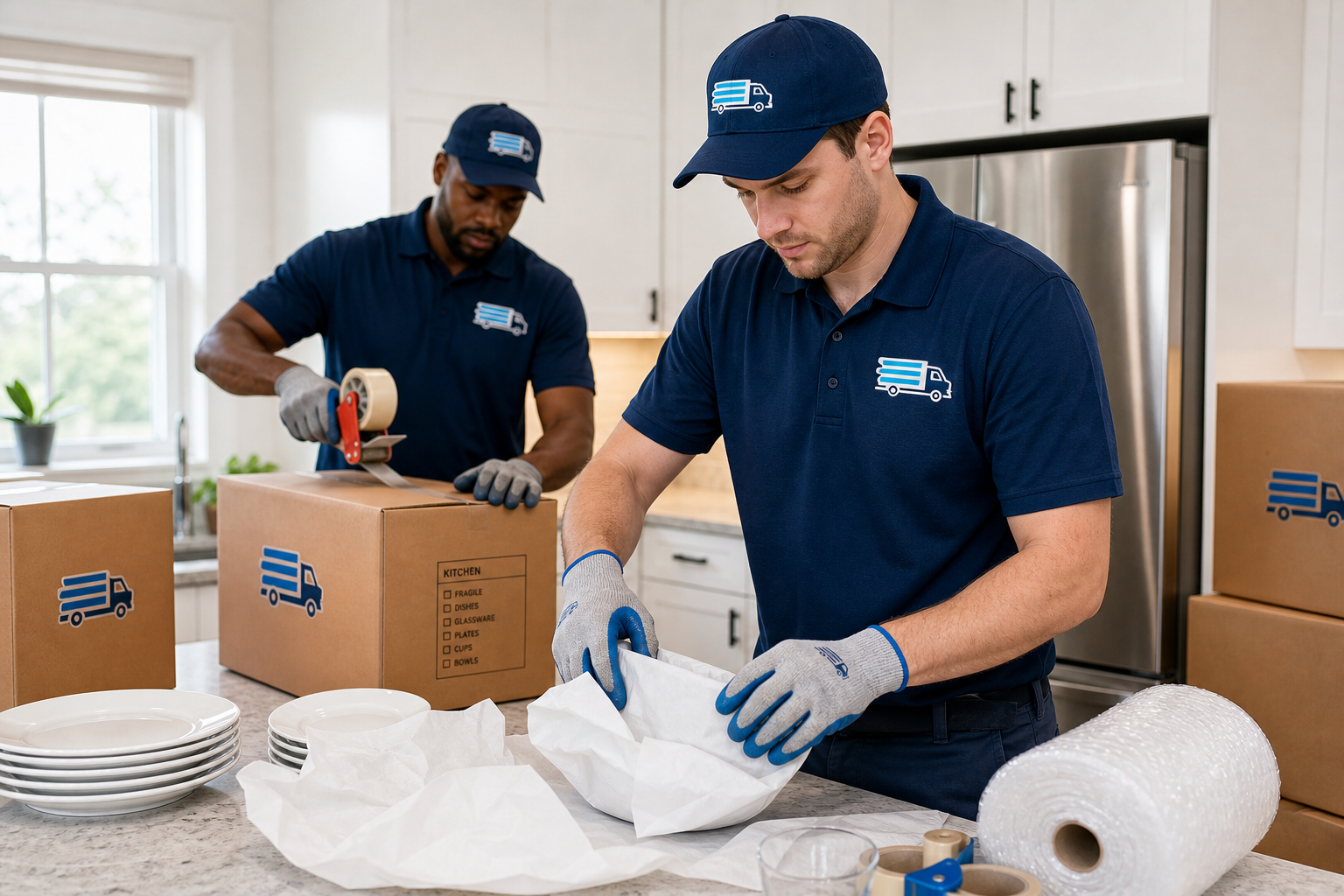 Movers carefully wrapping kitchenware and packing labeled moving boxes