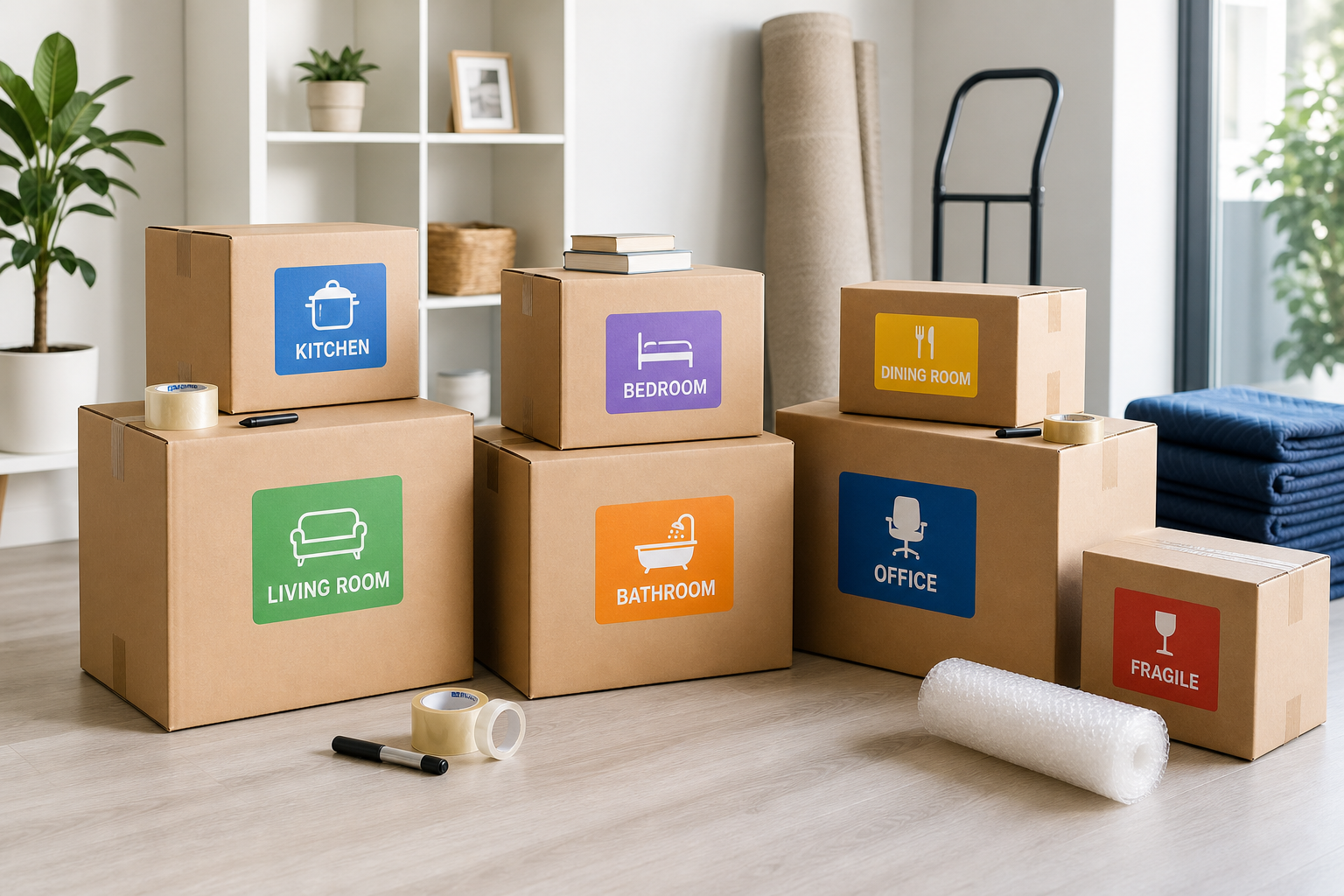Neatly packed moving boxes organized by room with color labels and packing tape