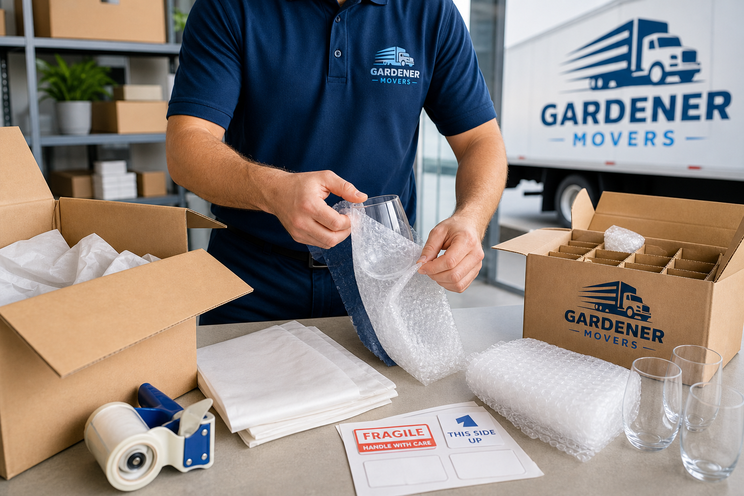 Professional packing station with protective wrap, tape, and neatly organized household items