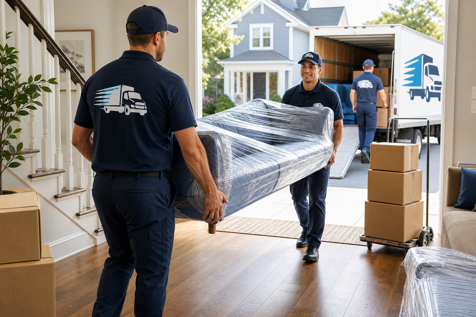Uniformed movers carrying wrapped furniture out of a bright family home