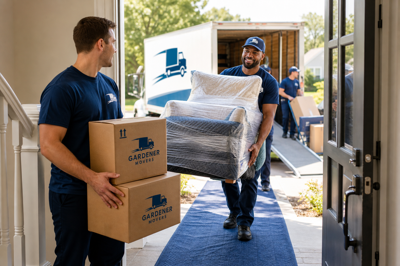 Movers carrying labeled boxes and wrapped furniture through a residential front entry