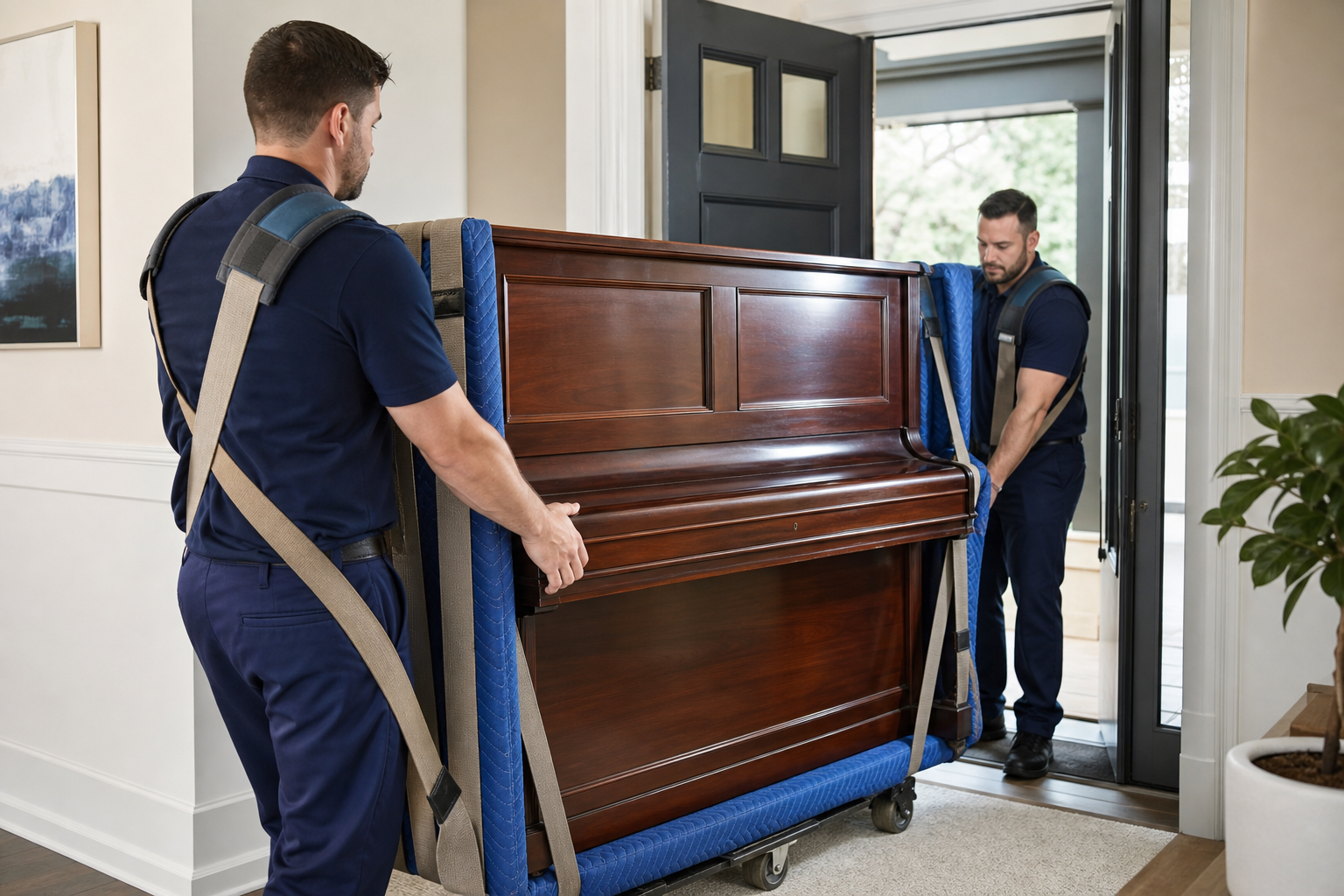 Two movers using protective straps to move an upright piano through a doorway