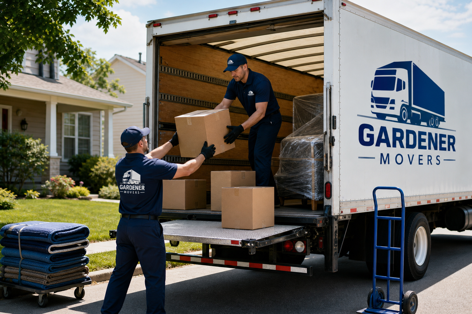 Professional moving crew in uniform carefully loading secured household boxes into a branded moving truck on a bright day
