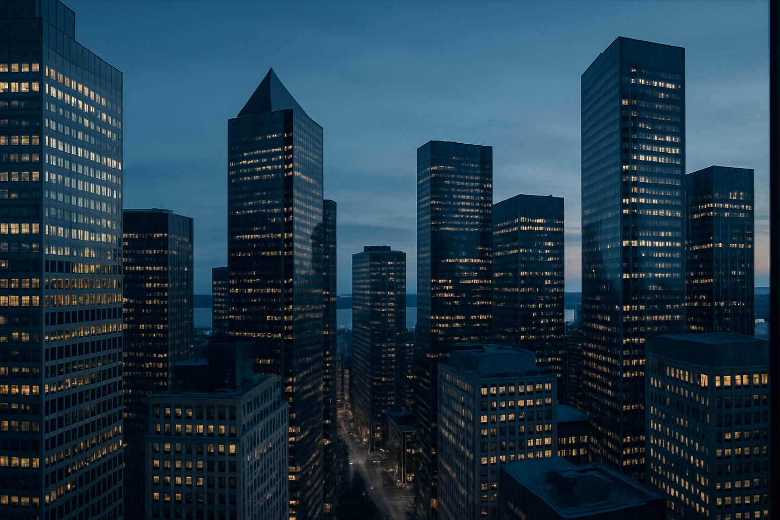 Refined city skyline at dusk with soft lights and premium financial ambiance