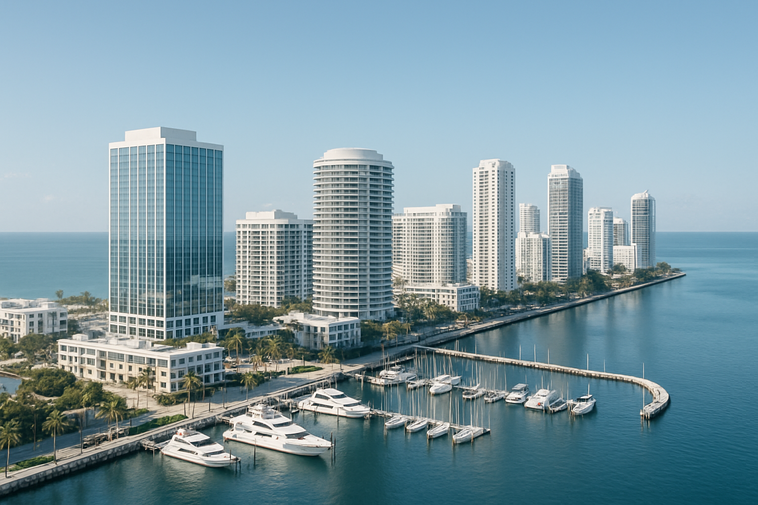 Bright coastal skyline with a calm blue ocean horizon, modern waterfront buildings and a clean marina feel, polished premium finance mood, soft natural daylight, cool ocean blues with crisp whites