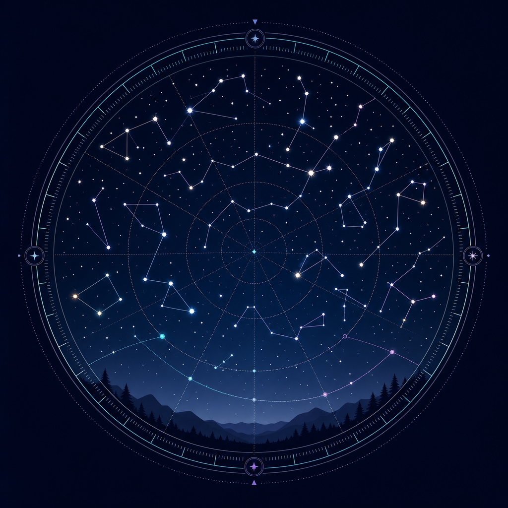 Clean celestial star map diagram with labeled guide lines and constellation connections