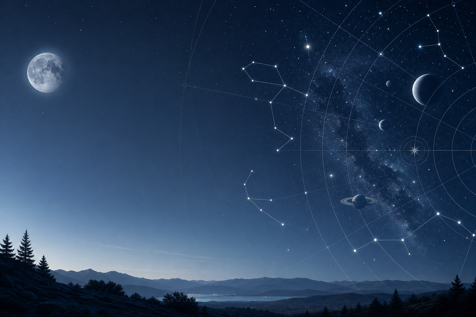 Calm moonlit astronomical chart with fine orbit arcs, constellation points, and a soft scientific star field