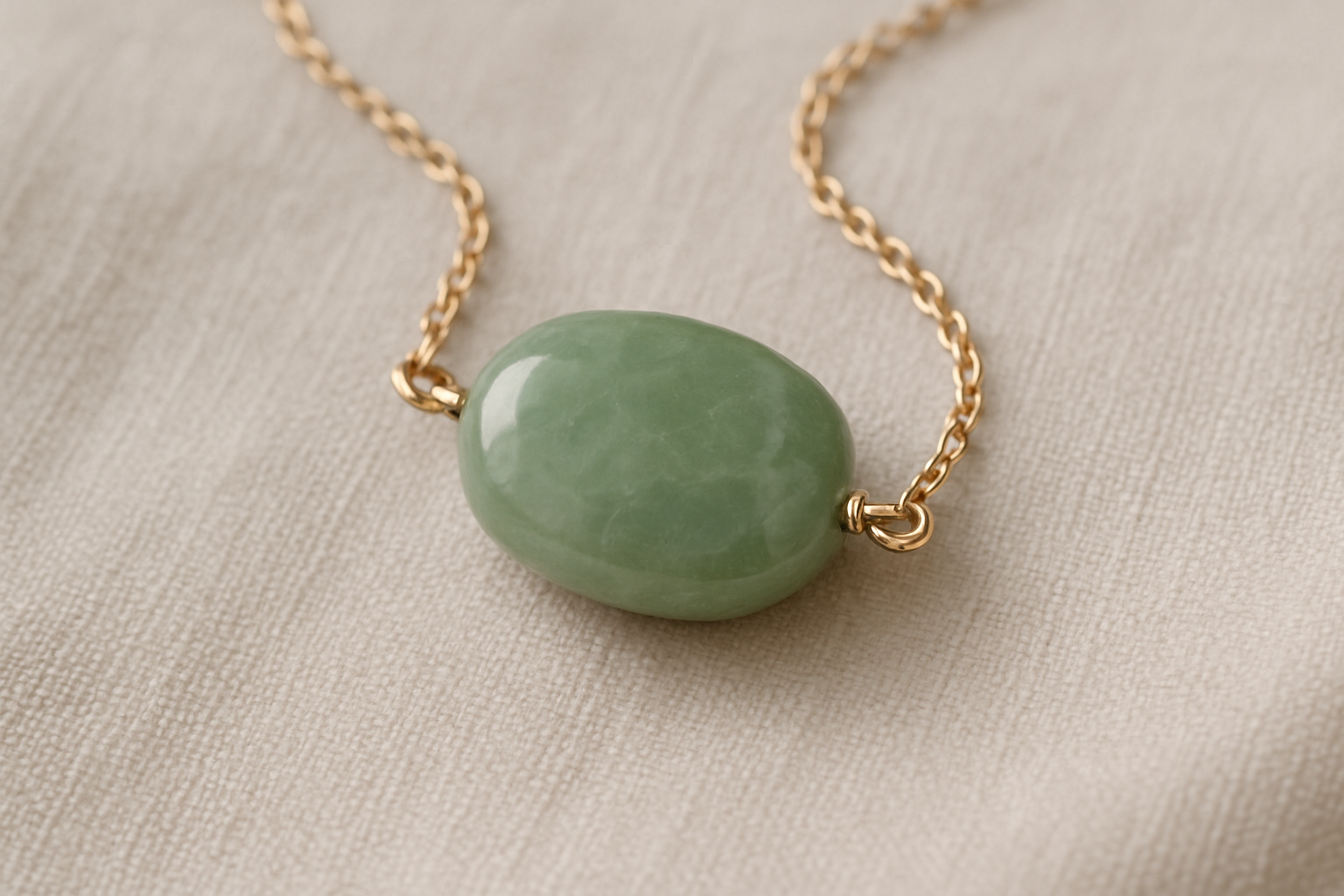 Sage green gemstone necklace on linen