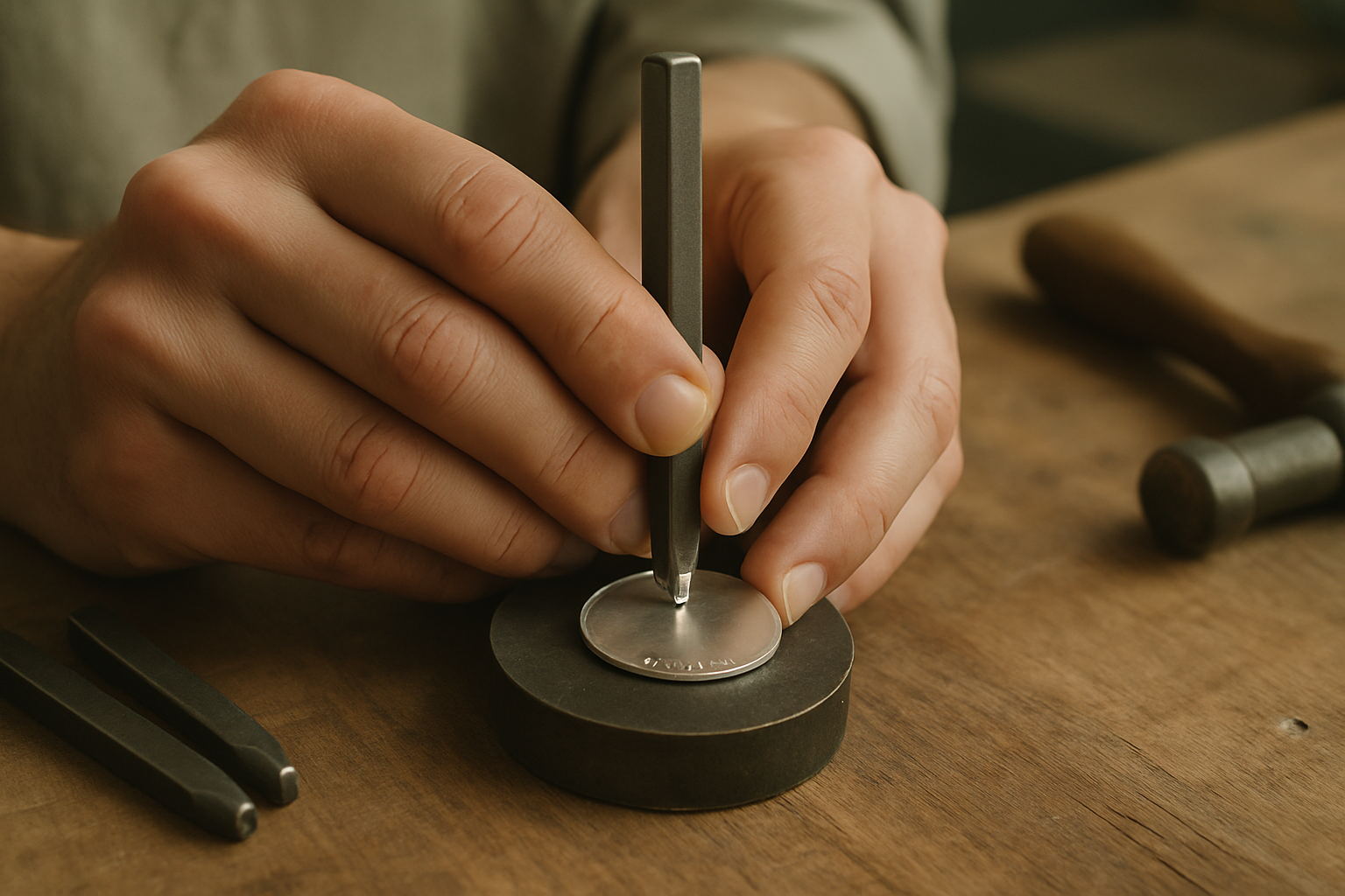 Artisan engraving a silver pendant with a delicate hand stamp