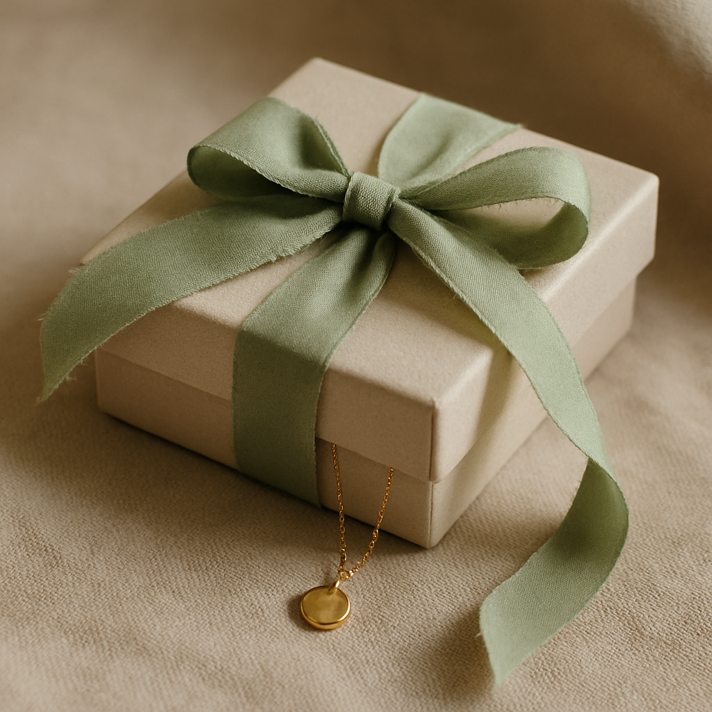 Jewelry packaging with sage ribbon