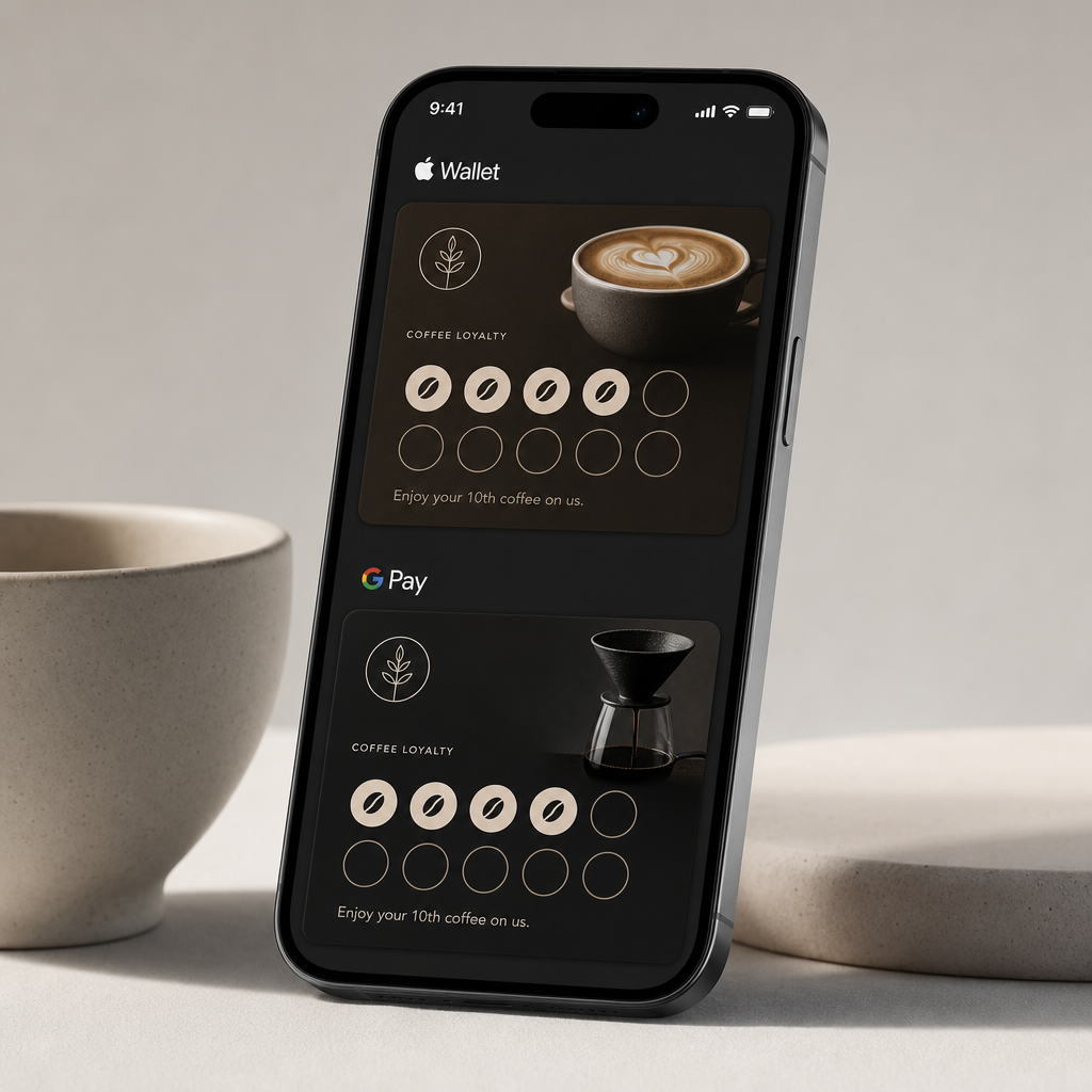 Elegant smartphone mockup showing a digital coffee loyalty stamp card inside Apple Wallet and Google Wallet