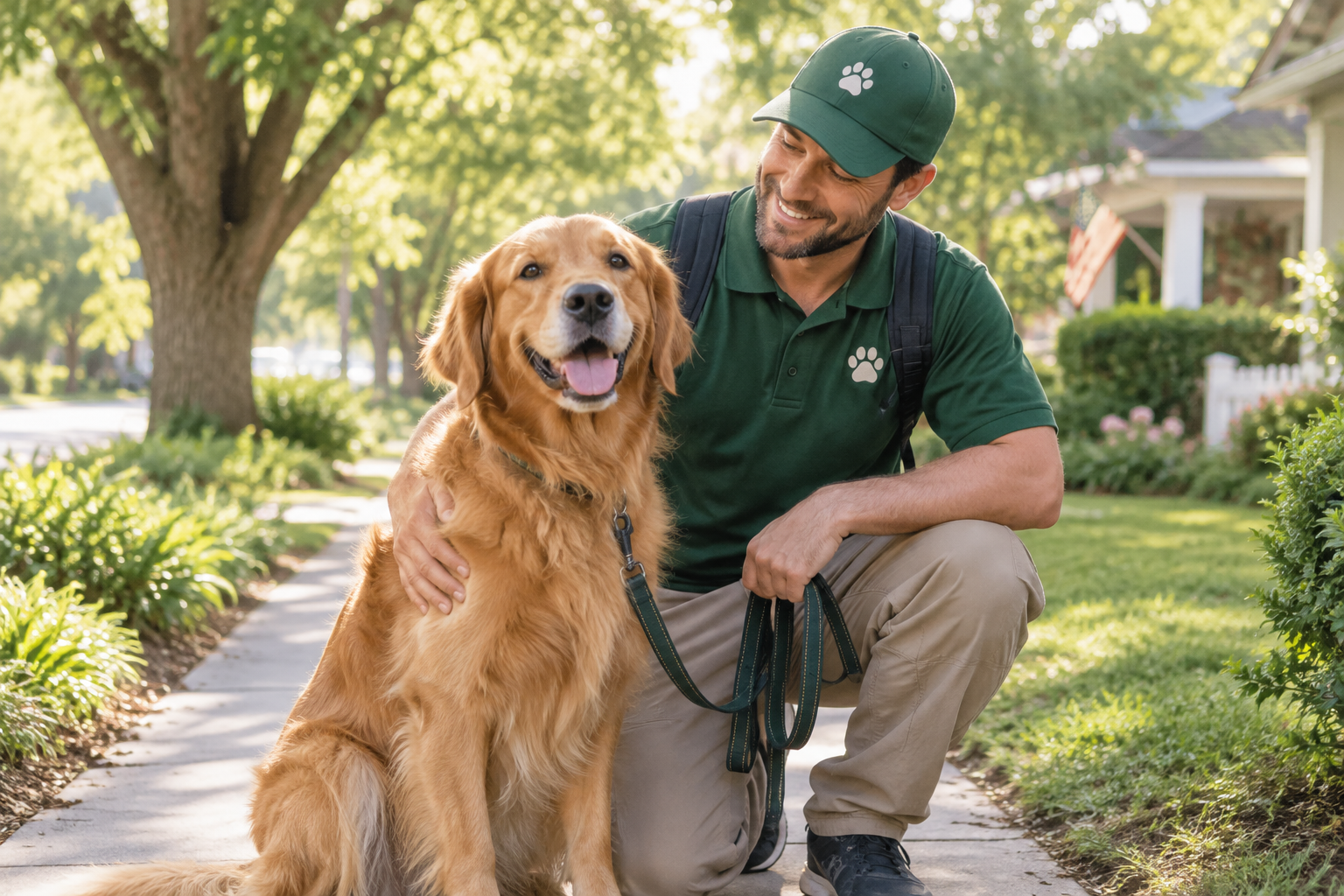 Dog walker crouching beside a happy golden retriever on a leafy Crawfordville sidewalk during a calm morning walk