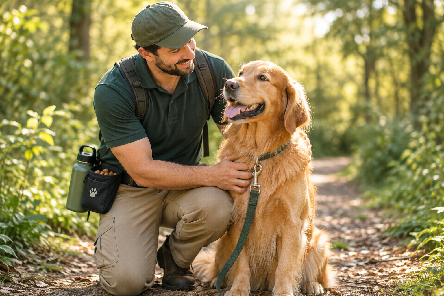 Friendly dog walker kneeling beside a golden retriever on a shaded green trail in Crawfordville, with a leash and water bottle ready for a calm neighborhood walk