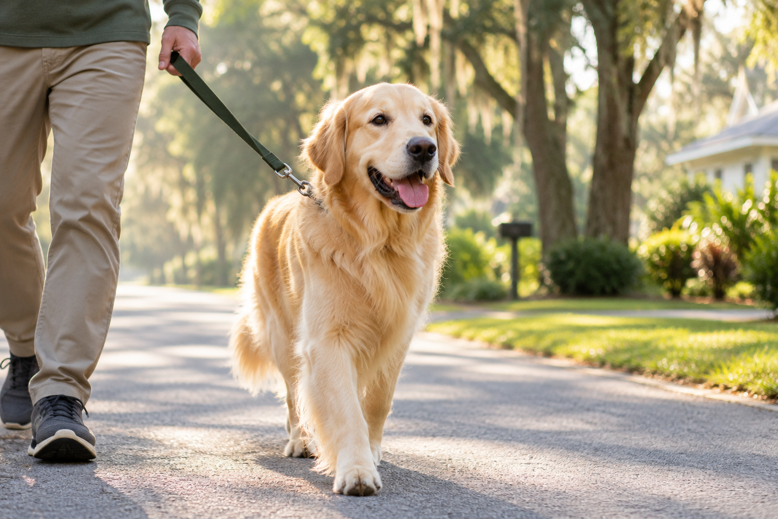 Golden retriever on a leash during a calm neighborhood walk in warm morning light