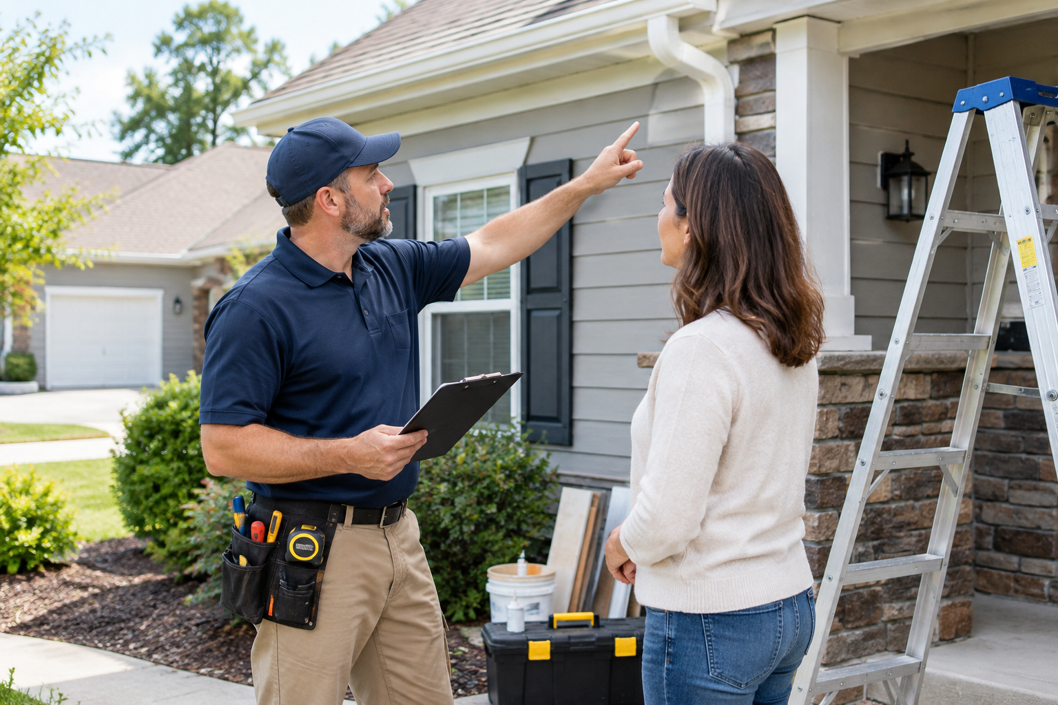 Professional property maintenance technician reviewing exterior home repair work at a clean residential job site with tools and materials neatly organized