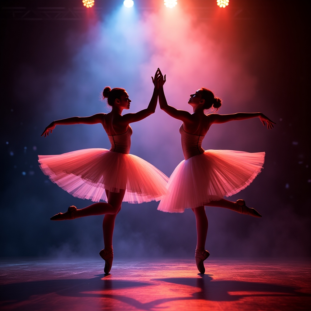 Two rival ballerinas in dramatic stage-combat poses under theatrical spotlights, mid-pirouette with flowing costumes and neon-lit haze