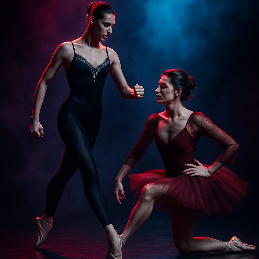 Editorial stage portrait of two ballerinas in dramatic rivalry poses under neon spotlight haze