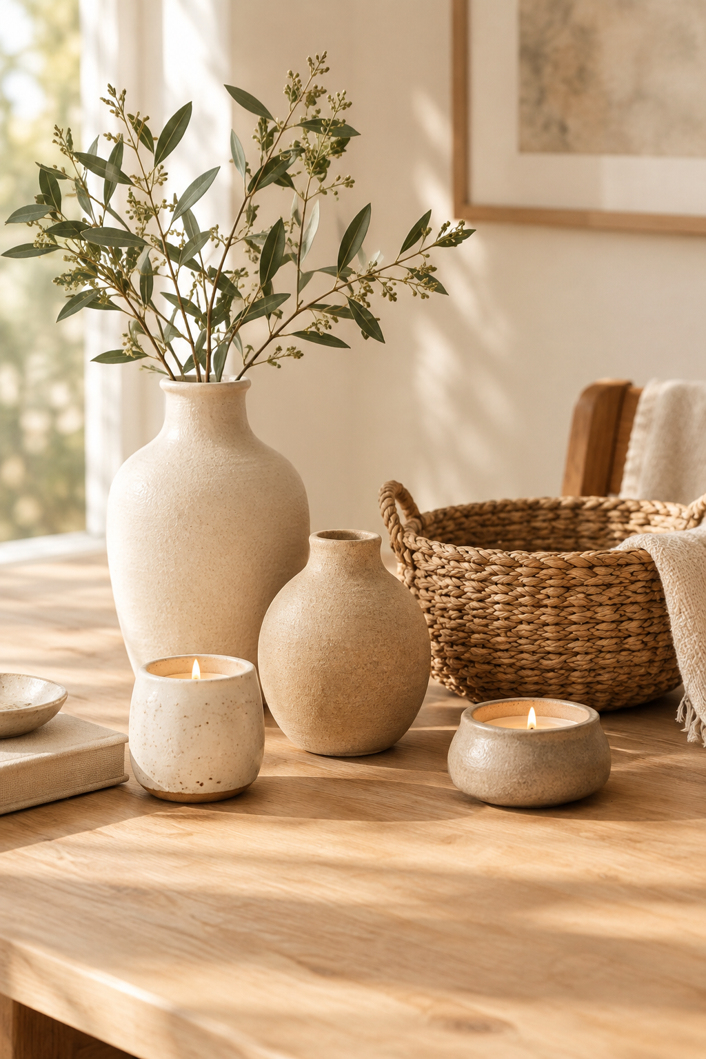Warm tabletop arrangement with handmade ceramic vases, woven baskets, and candle holders in natural window light