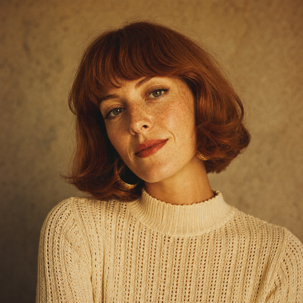 Portrait of Amber Cole, a vintage collector with a copper bob hairstyle and a cream knit top