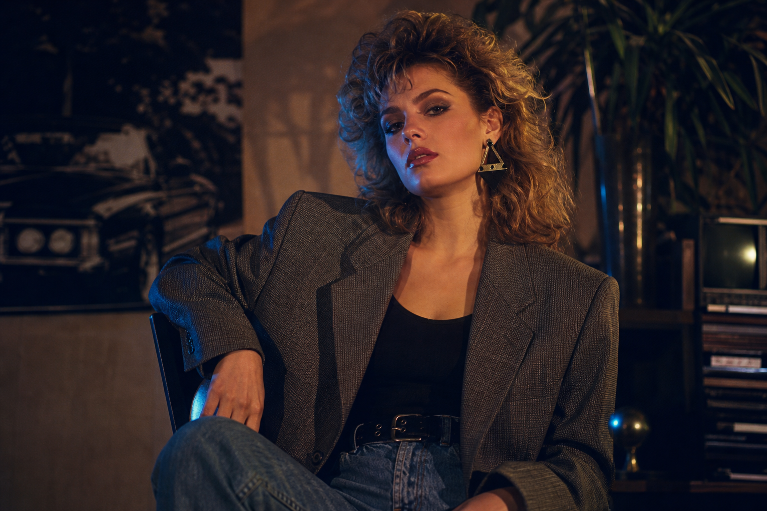 Model in an 1980s oversized blazer with sharp shoulders, high-waisted denim, and bold graphic accessories under cinematic lighting