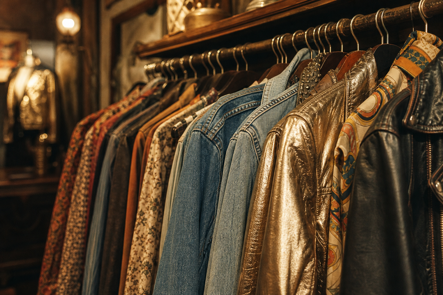 Close-up of a vintage rack with metallic jackets, denim, and patterned scarves in warm boutique lighting