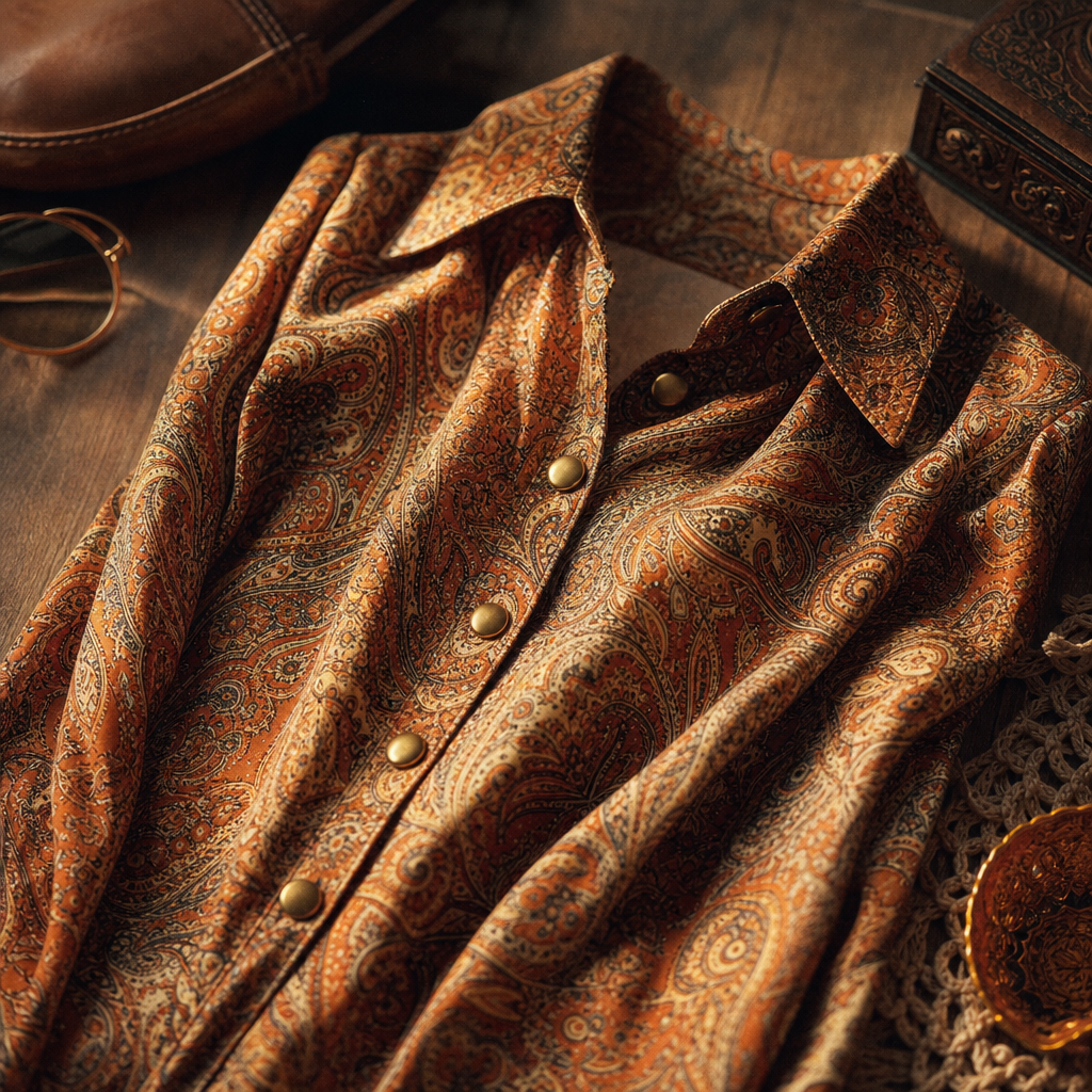 Close-up of a vintage paisley blouse and brass buttons on a wooden surface