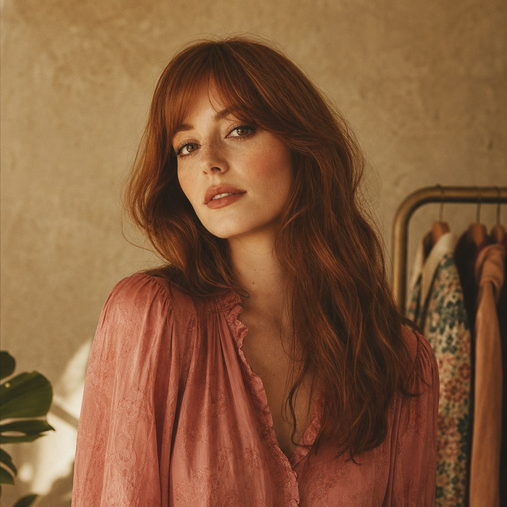 Portrait of Leila Hart, a shopper with long auburn hair wearing a soft rose blouse