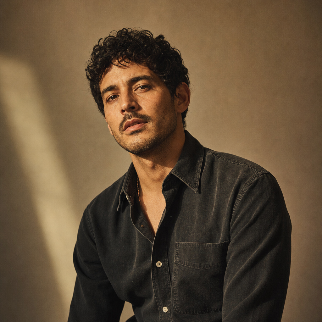 Portrait of Marco Reyes, a stylist with short dark curls wearing a charcoal vintage shirt