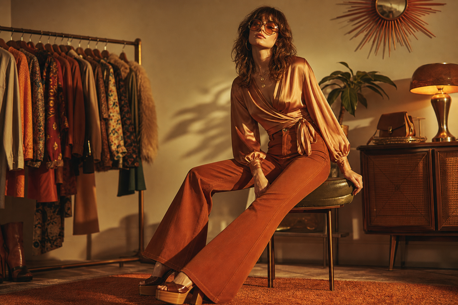 Model in a warm-toned 1970s outfit with high-waisted flared trousers, a silky wrap blouse, and soft golden lighting