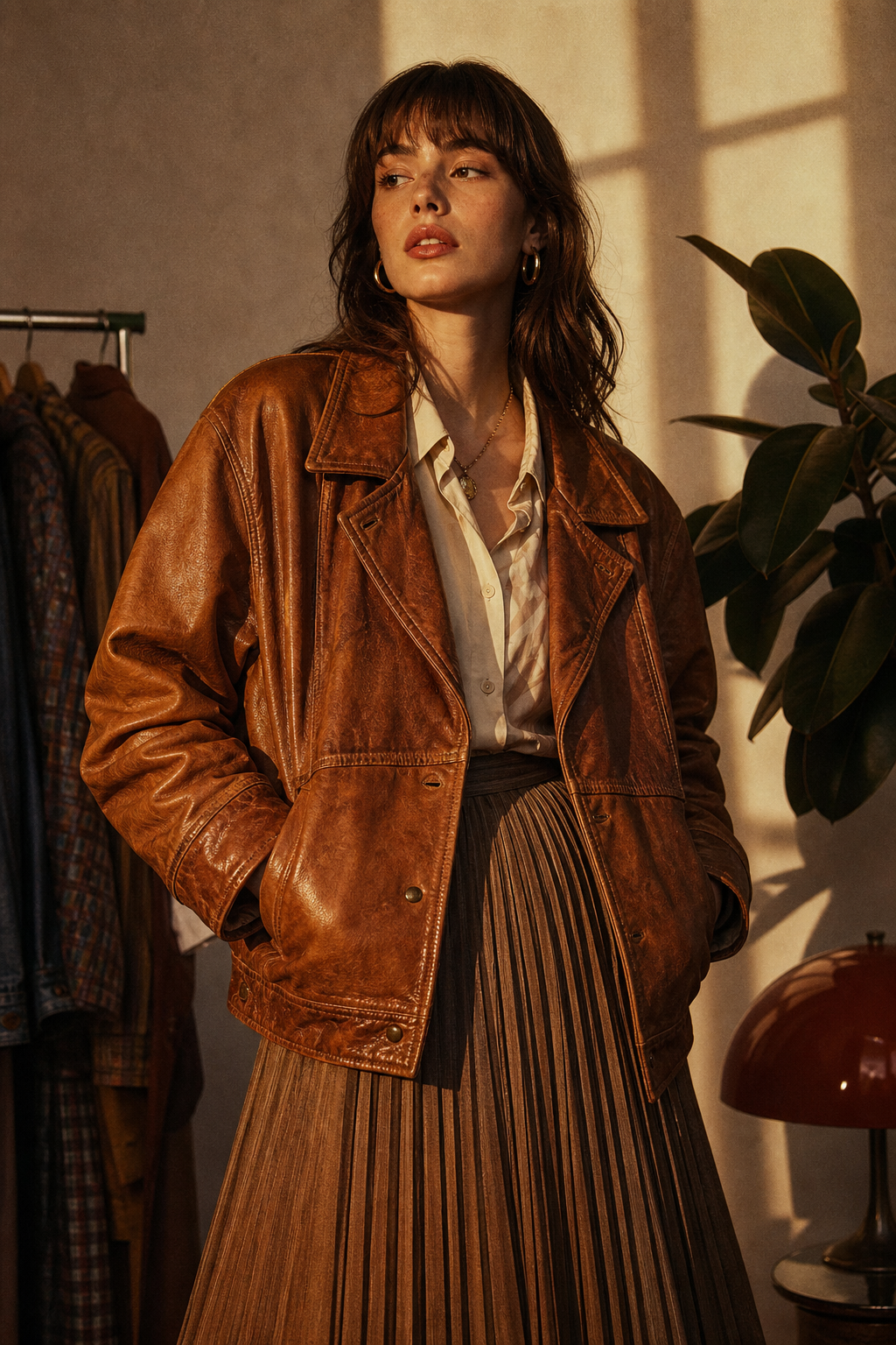 Model in a caramel leather jacket and pleated skirt styled in a warm studio light