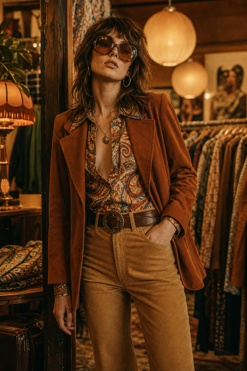 Editorial vintage fashion model in a warm-toned boutique setting