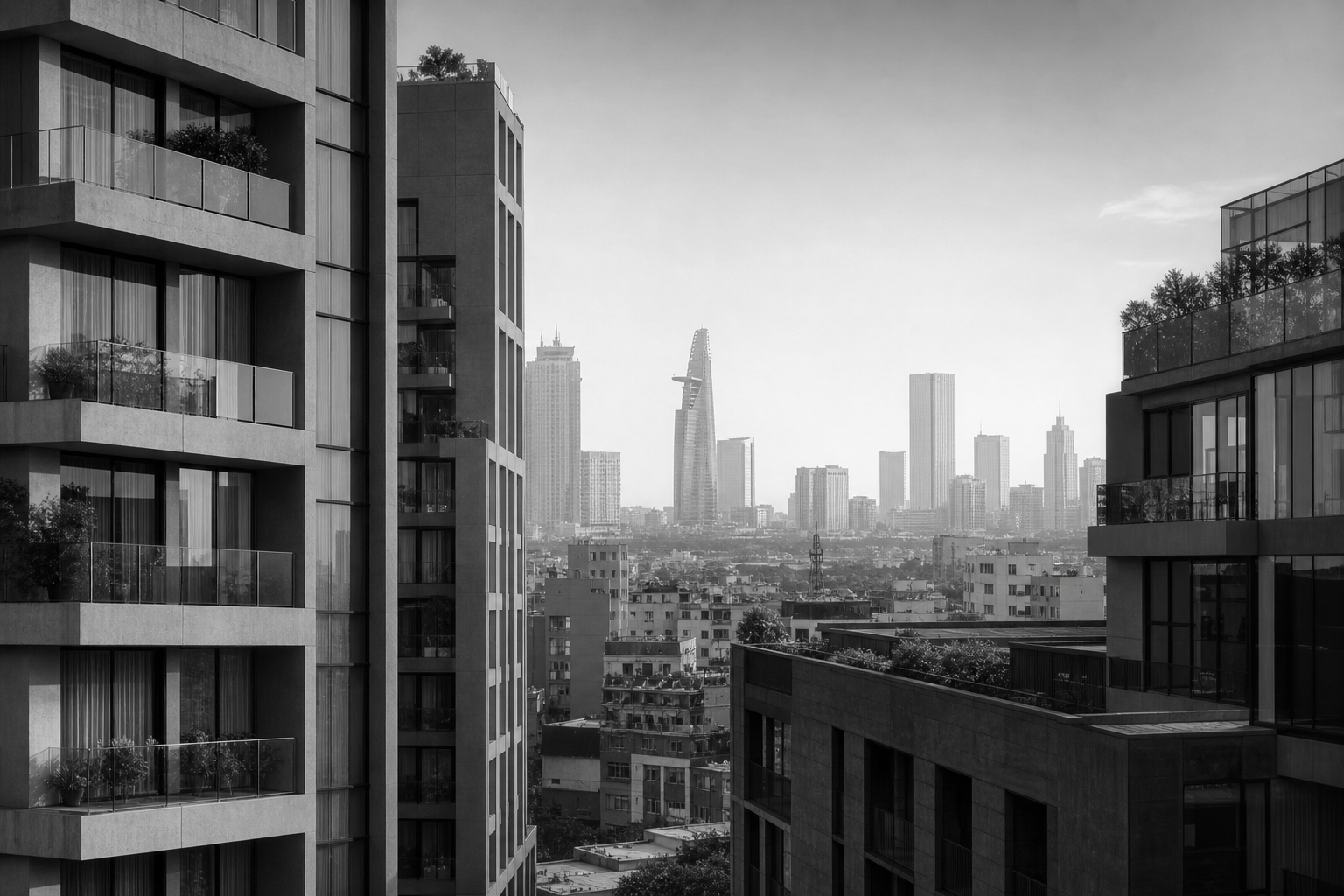 Grayscale urban architectural study showing layered facades and dense city geometry