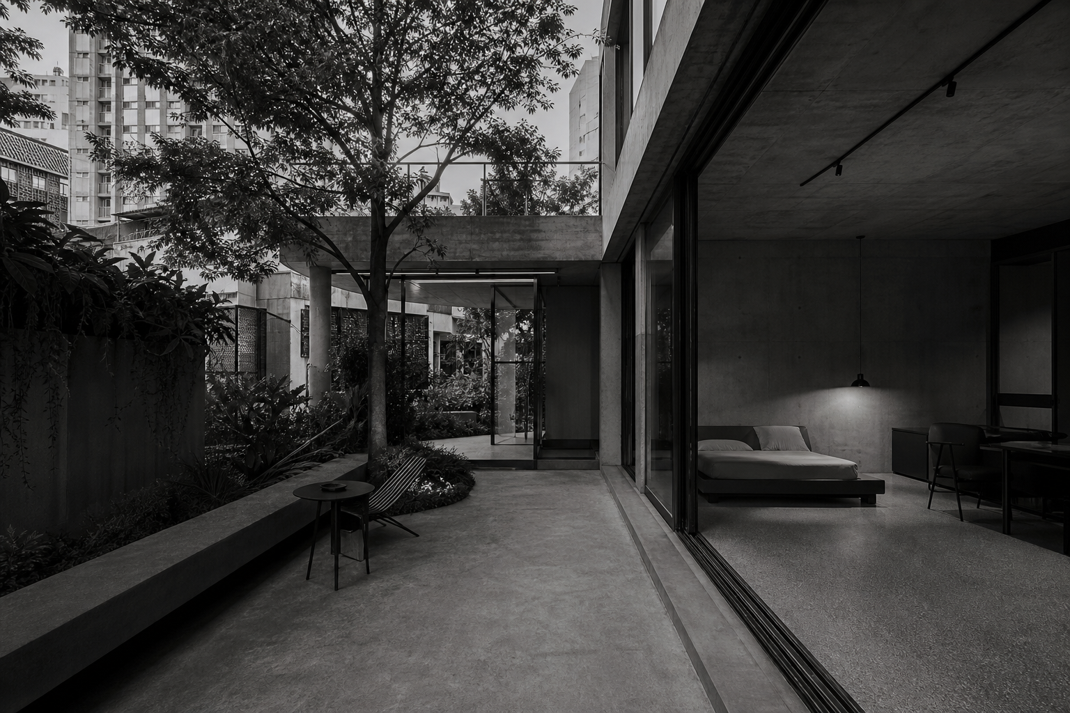 Grayscale architectural scene suggesting an adaptive hospitality property used as a sober, realistic research setting