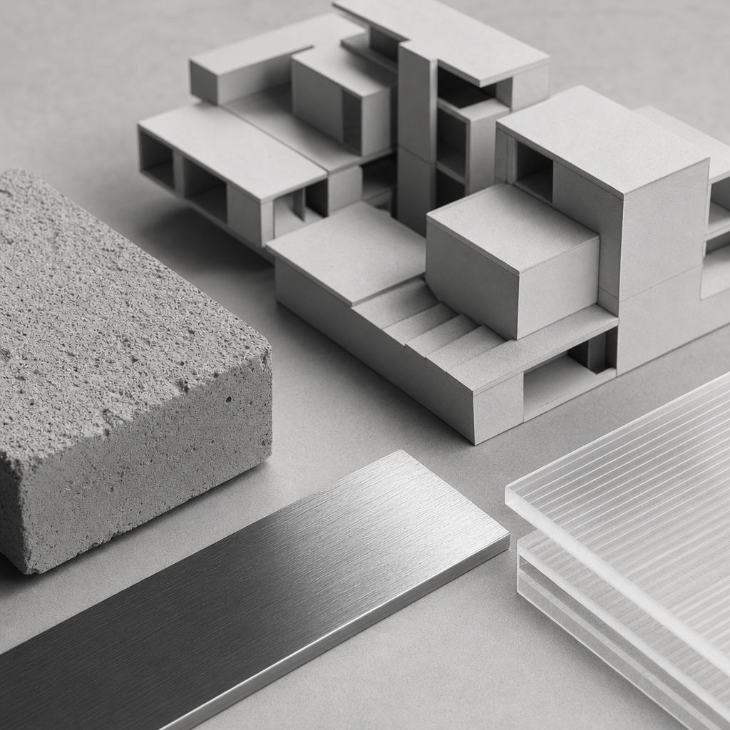 Grayscale material and model study showing tactile surfaces and modular research mockups