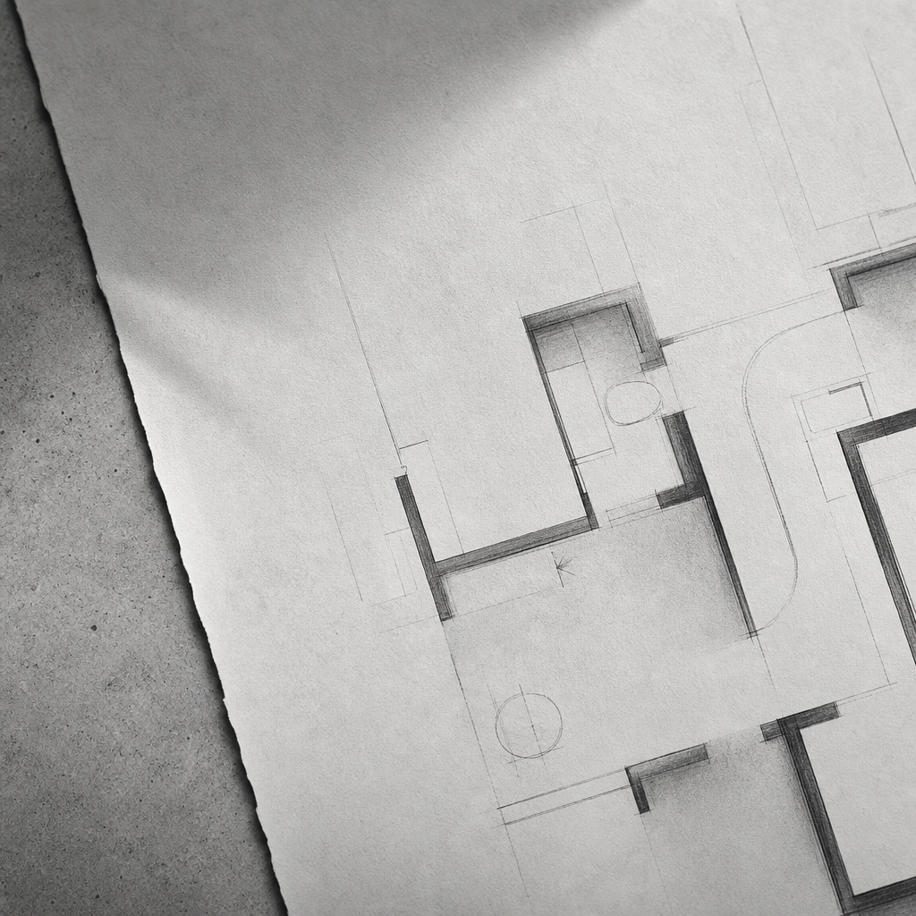 Grayscale abstract plan fragment study without dimensions or technical detailing