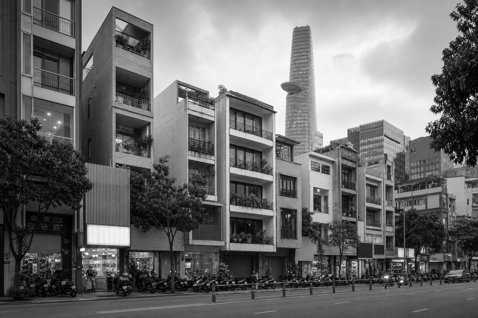Grayscale urban context photograph of dense Ho Chi Minh City streetscape around the prototype area