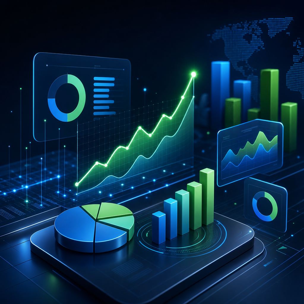 Dark premium SaaS financial intelligence dashboard with blue and green charts, multi-tenant cards, and AI growth insights
