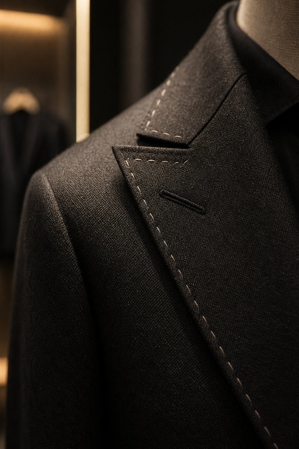 Close-up of refined tailoring detail with textured charcoal fabric, precise hand-finished seam lines, and soft fitting-room lighting