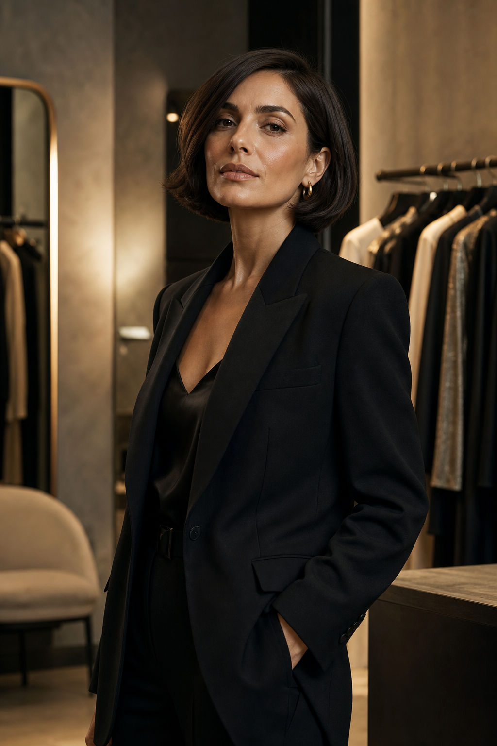 Alessandra Voss, Lead Styling Director in a tailored black blazer, standing in a softly lit boutique fitting salon