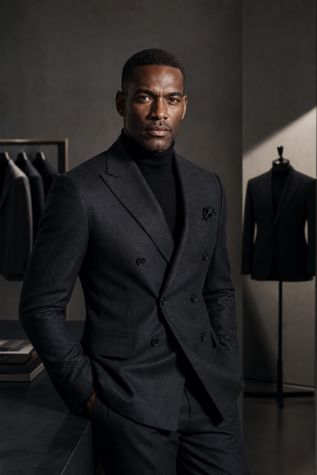 Marcus Hale, Menswear Styling Director in a charcoal double-breasted suit, posed in a modern studio with soft dramatic shadows