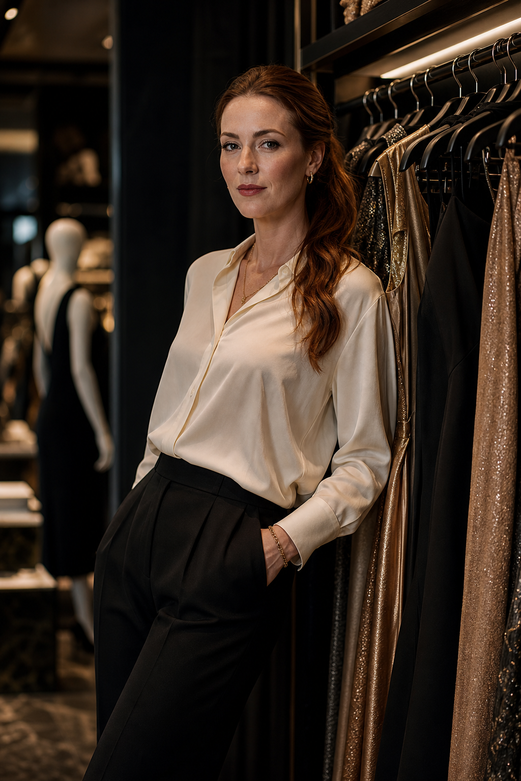 Naomi Reed, Occasion Styling Director in an ivory silk blouse, leaning against a curated rail of evening pieces under cinematic boutique lighting