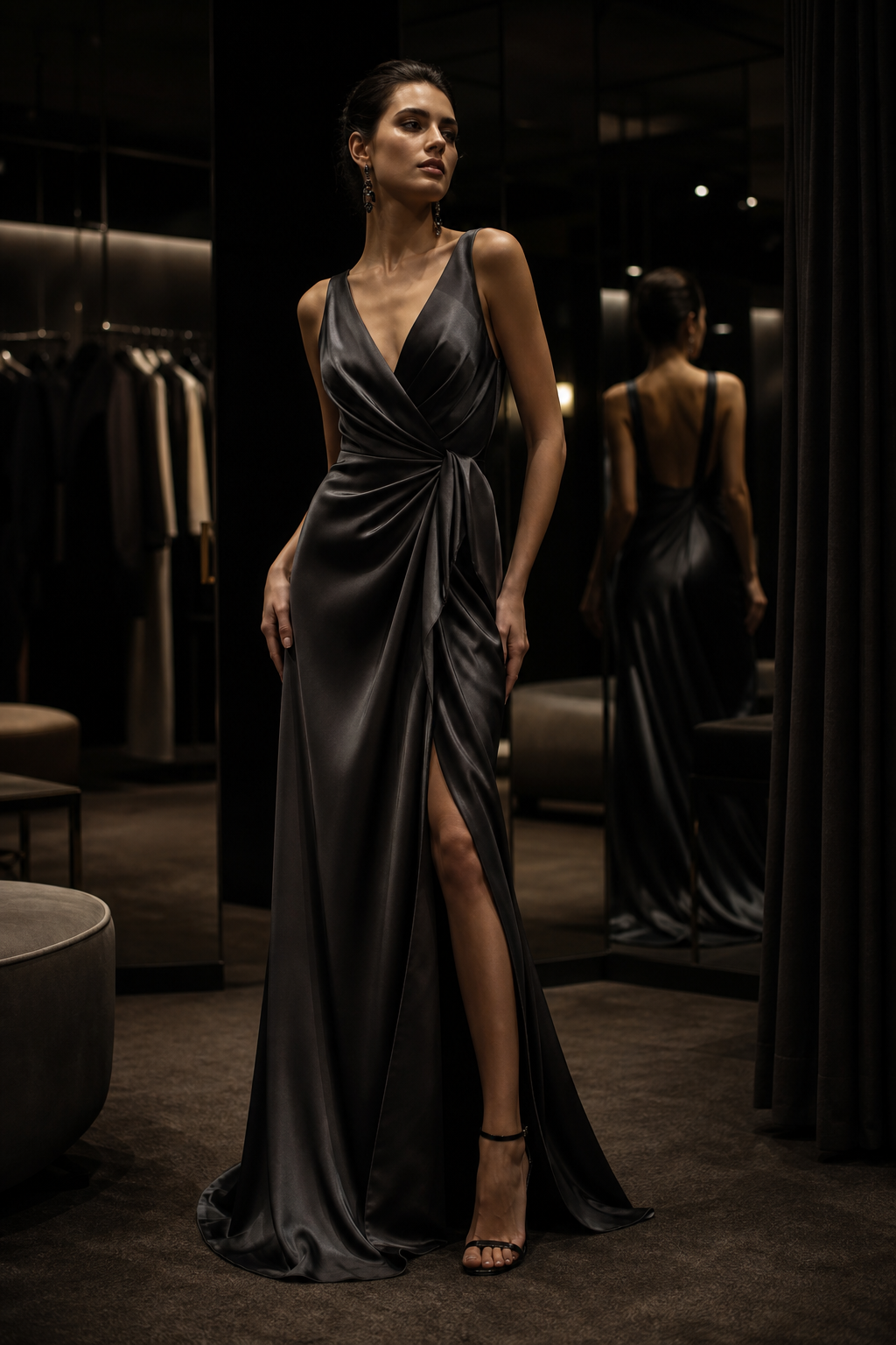 Tall model in a deep charcoal satin evening gown with fluid drape, posed in a dimly lit luxury boutique fitting salon