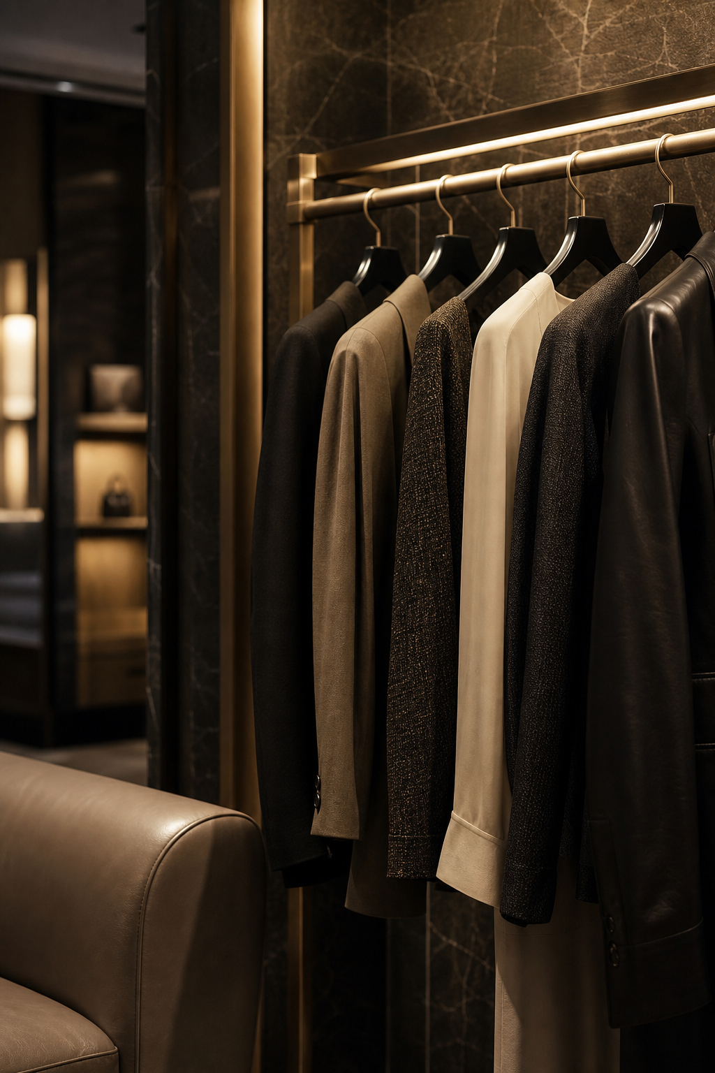 Luxury boutique detail with textured fabric, brushed metal rail, and warm tonal interior finish