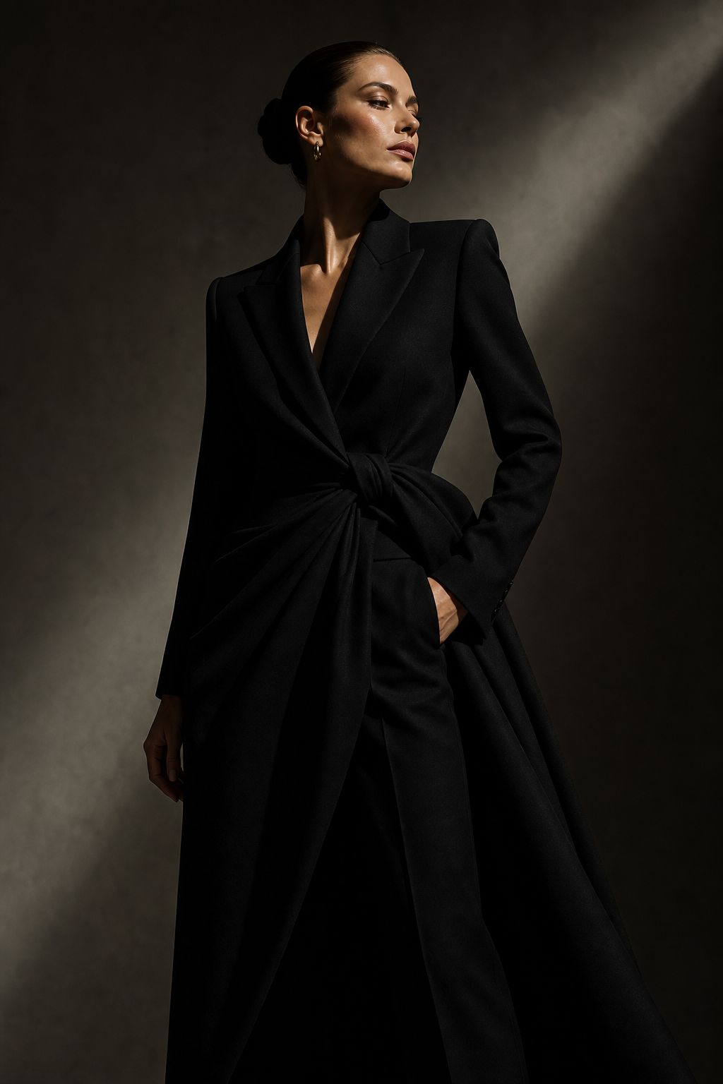 Poised model in sculptural black designer tailoring, photographed in cinematic studio lighting