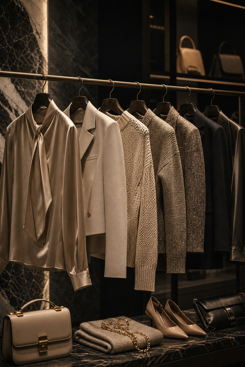 New season rail of tonal designer pieces with silk blouses, cropped jackets, and textured knits in a premium boutique display