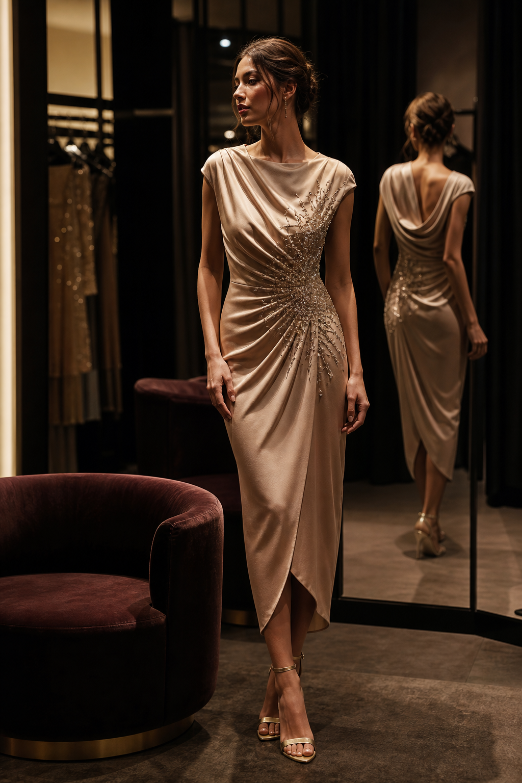 Model wearing a refined champagne-toned midi dress with subtle embellishment, framed by boutique mirrors and soft lighting